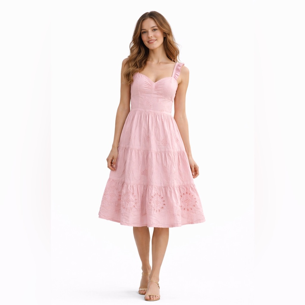 Zara Pink Eyelet Midi Dress | Cottagecore Summer Dress | XS
